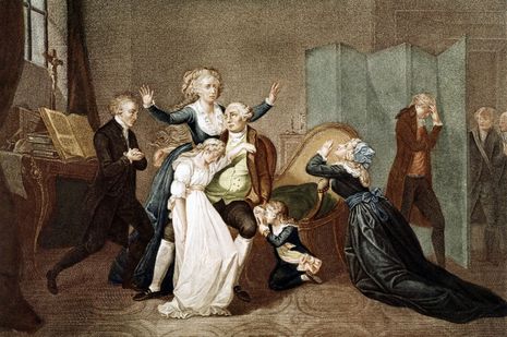 Gravure figurant la dernière entrevue de Louis XVI avec sa famille à la prison du Temple le 20 janvier 1793 Gravure figurant la dernière entrevue de Louis XVI avec sa famille à la prison du Temple le 20 janvier 1793