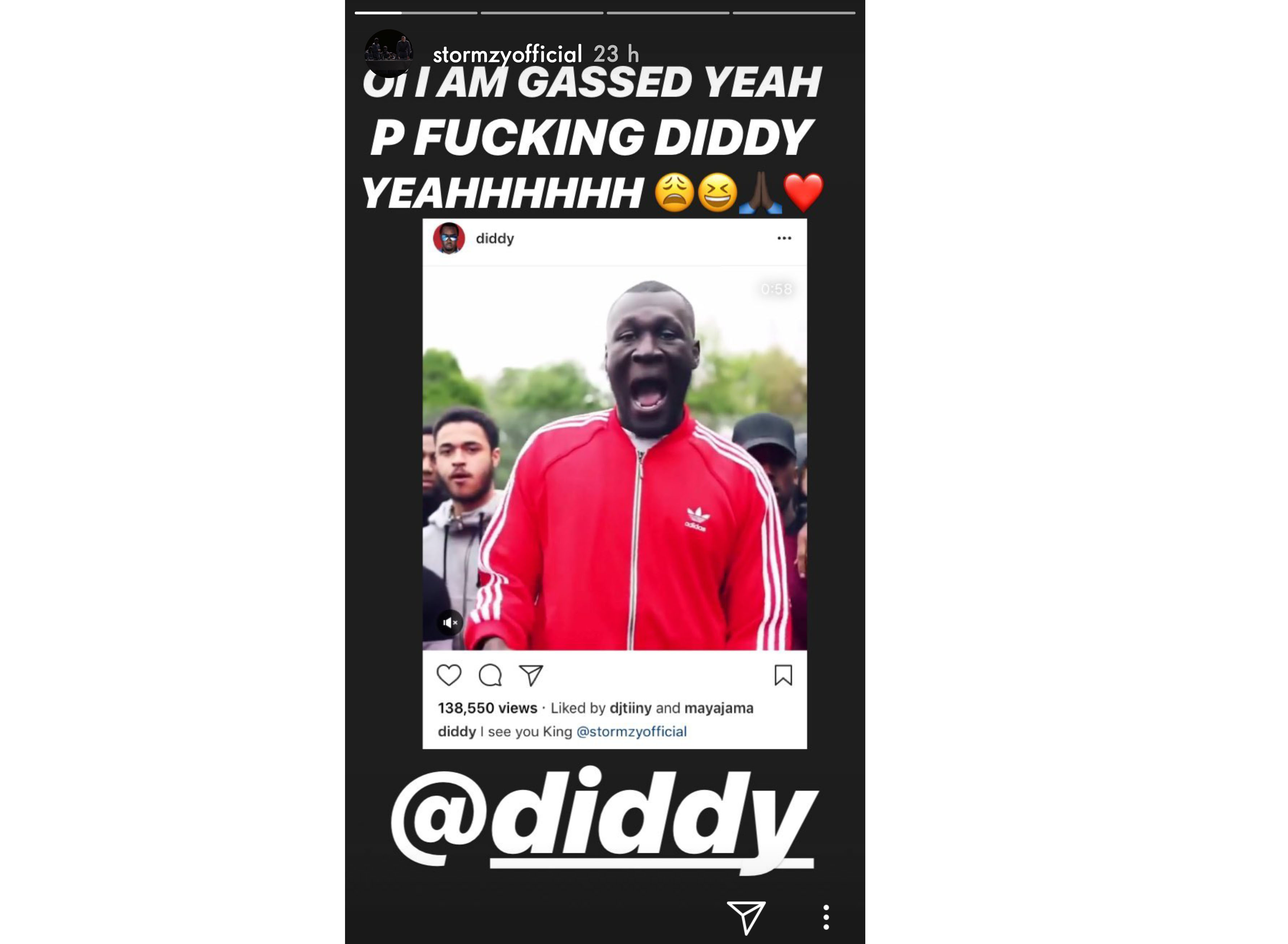  Stormzy "width =" 3565 "height =" 2612 "data-sizes =" auto "srcset =" https://celebrites.tn/wp-content/uploads/2018/06/actu-stormzy-entre-en-crise-suite-a-un-message-de-p-diddy.jpg 3565w, https: / /keyassets-p2.timeincuk.net/wp/prod/wp-content/uploads/sites/30/2018/06/Stormzy-150x110.jpg 150w, https://keyassets-p2.timeincuk.net/wp/prod/ wp-content / uploads / sites / 30/2018/06 / Stormzy-300x220.jpg 300 w, https://keyassets-p2.timeincuk.net/wp/prod/wp-content/uploads/sites/30/2018/06/Stormzy-630x462.jpg 630w "/> </p>
<p> </p>
<p> Stormzy, qui Les rêves de Chris Hughes et de Kem Cetinay sont devenus réalité quand il a fait une apparition sur Love Island l'année dernière, ne pouvait pas contenir son excitation à voir le poste, et l'a pris en photo et l'a légendé: 'Oi je suis gassée Yep PF *** ING DIDDY YEAHHHHH @DIDDY 'suivi de rires, de prières et d'emojis de coeur rouge. </p>

<p> Ayant des doutes sur son "fangirling" enthousiaste au sujet de son idole, Stormzy a posté une autre version de la rupture qu'il a expliqué, Je ne pense pas que je le fasse mec mais c'est papa feuilleté, nous sommes là. »</p> <p> <img decoding=