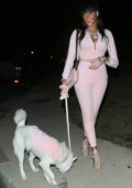Winnie Harlow est jolie en rose lors d'une promenade nocturne avec son chien à Los Angeles