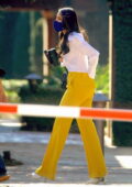 Eiza Gonzalez a l'air frappante dans un pantalon jaune vif avec une chemise blanche alors qu'elle quitte une réunion d'affaires à Los Angeles